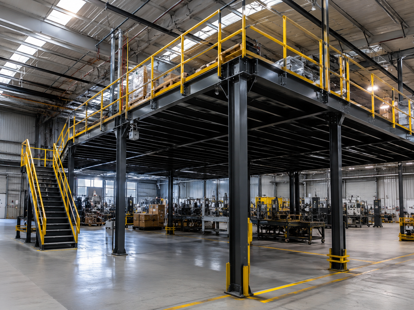 Estrutura metálica industrial de grande porte com mezanino